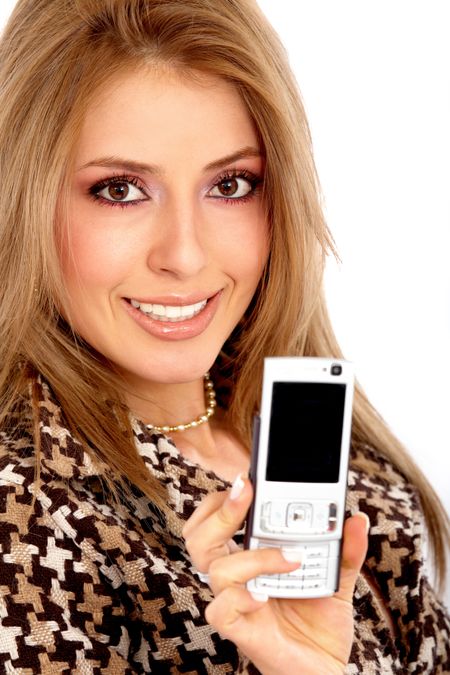 fashion girl showing her phone - isolated over a white background