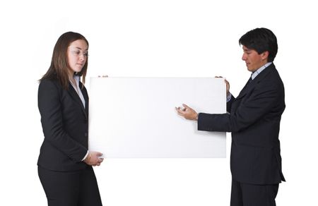 business partners holding a banner for you to write something on it