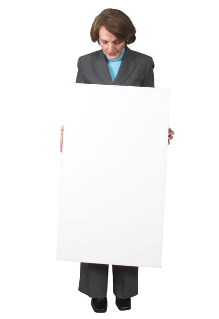 business woman holding a vertical banner