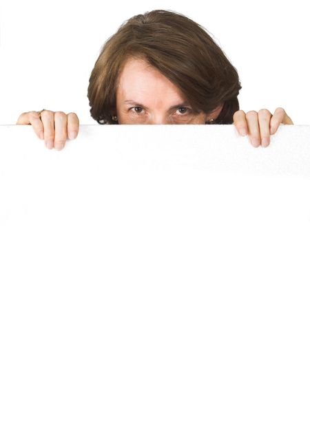 business woman peeping over a white cardboard