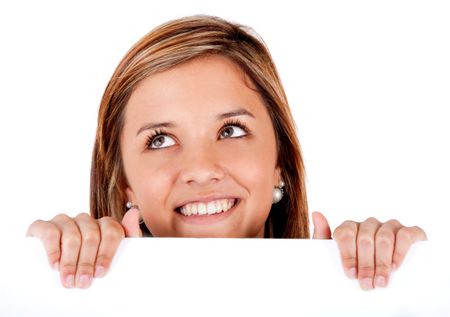 Girl holding a banner ad - isolated over a white background