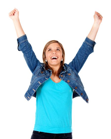 Happy girl with arms up - isolated over a white background
