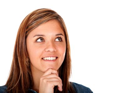 Beautiful thoughtful girl looking up - isolated over white