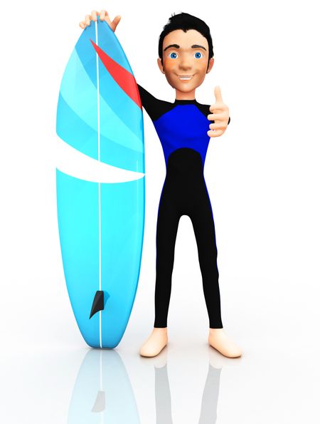 3D surfer with a surfboard - isolated over a white background