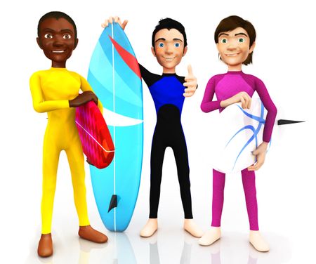 3D surfers with a surfboard - isolated over a white background