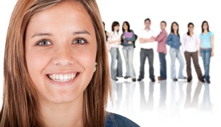 Woman leading a group of college students - isolated over a white background