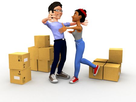 3D couple moving house and carrying boxes - isolated