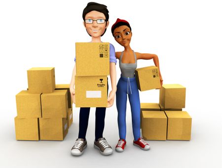 3D couple moving house and carrying boxes - isolated