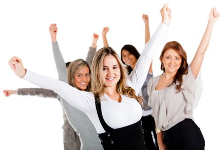 Group of successful business women with arms up - isolated