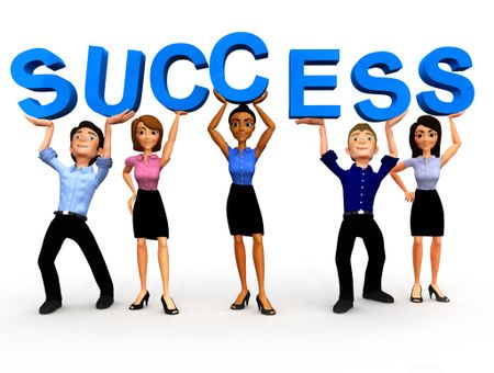 3d Business group holding up a sign of success - isolated over white