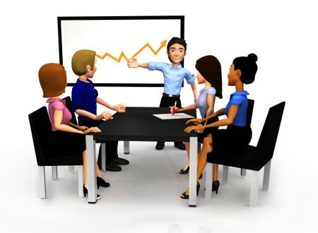 3D Group in a meeting looking at the growth of the business in a graph - isolated