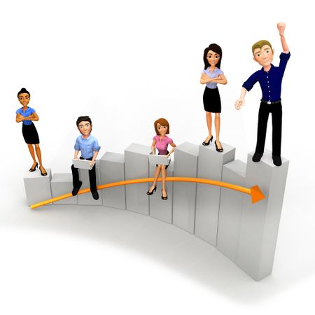 3D Group of the business people standing on a growth graph â?? isolated
