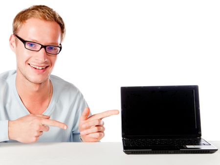 Geek man with a laptop computer - isolated over a white background