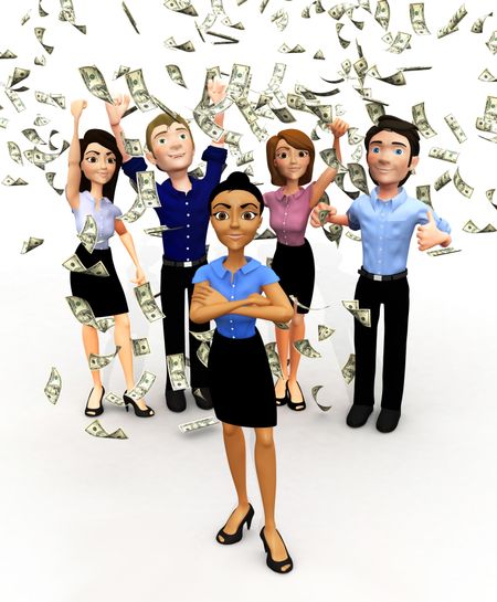 3D business group under a money rain - isolated over a white background