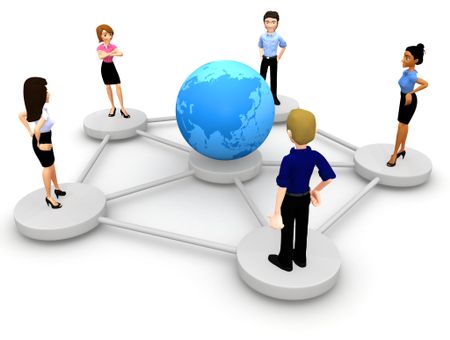 3D people from around a globe representing social networking - isolated over white