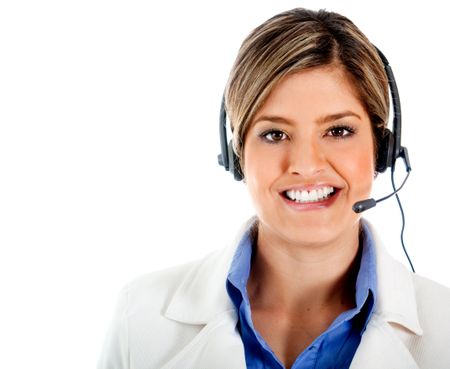 Friendly customer representative wearing a headset and smiling - isolated over white