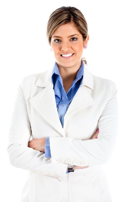 Confident business woman with arms crossed - isolated over white