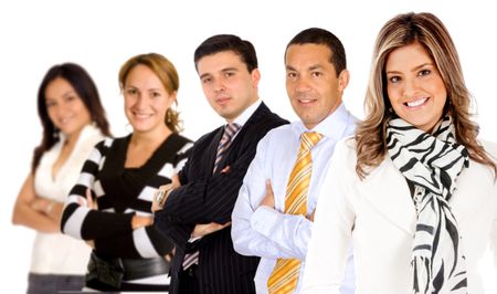 Successful business woman leading a group - isolated over white
