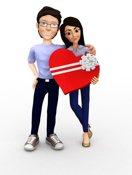 3D couple celebrating their anniversary holding a box in the shape of a heart - isolated