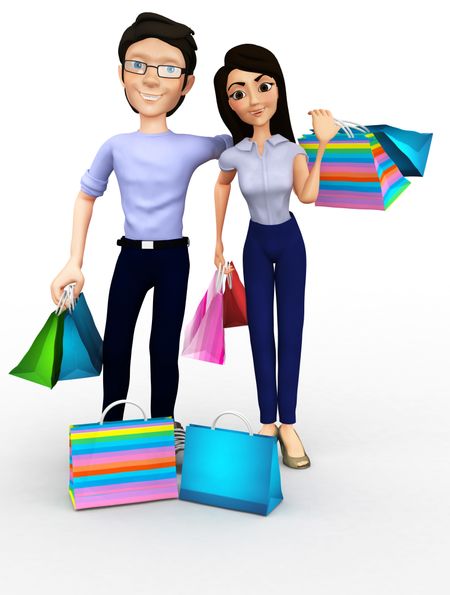 3D couple with their purchases in shopping bags - isolated over a white background