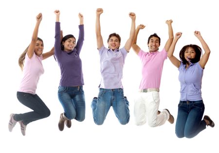 Group of young people jumping and looking excited - isolated over white