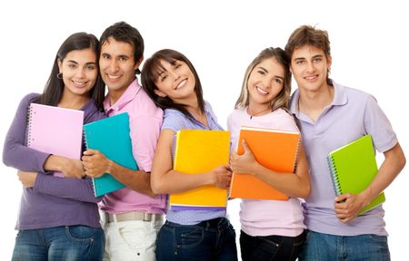Group of students holding notebooks - isolated over a white background