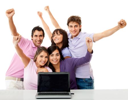 Group of young people celebrating their online success - isolated over white