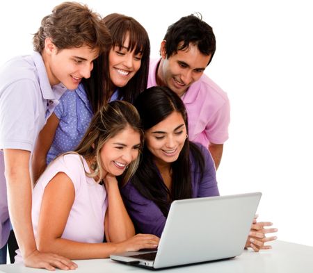 Casual group of young people with a laptop - isolated over white