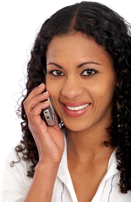 business woman on the phone smiling and isolated over a white background