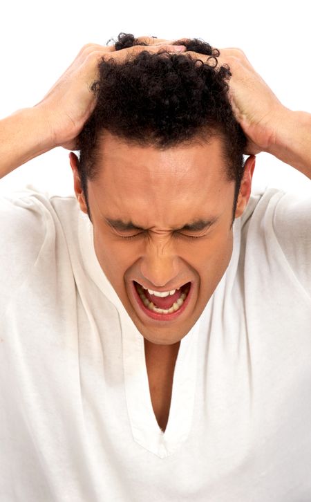 casual man in absolute despair and stress - isolated over a white background