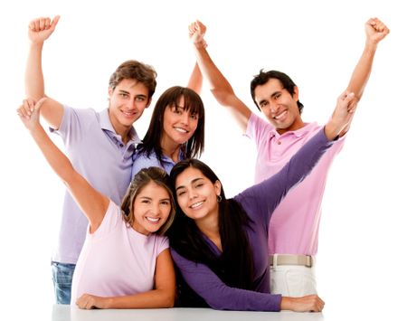 Happy group of friends with arms up - isolated over a white background