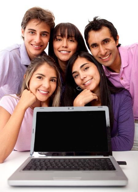 Group of young people with laptop - isolated over a white background