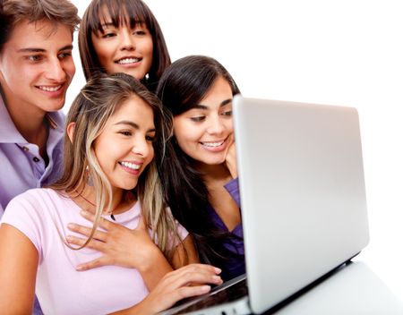 Group of young people social networking on a laptop - isolated