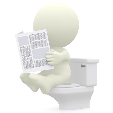 3D man reading newspaper in the toilet - isolated over a white background