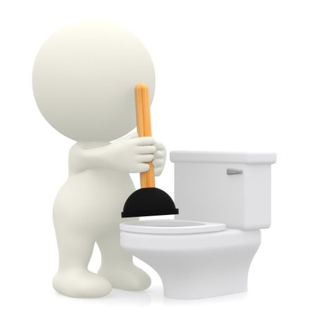 3D person unblocking the toilet with a plunger - isolated over white