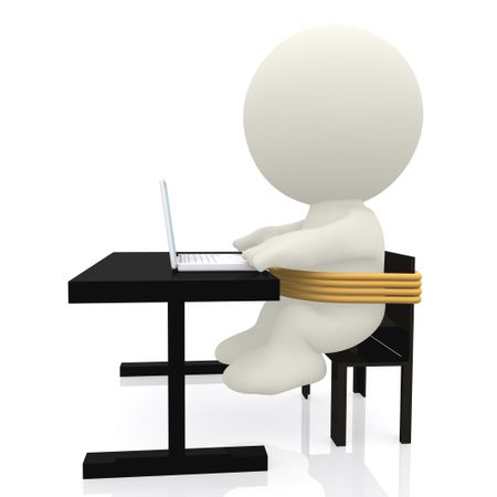3D Business man tied to a chair and forced to work on his laptop