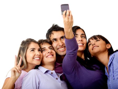 Group of people taking a self-portrait with their phone, isolated