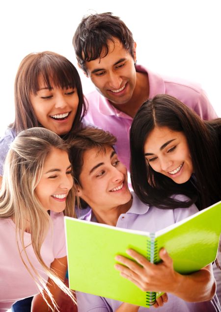 Happy group of students with notebooks - isolated over white