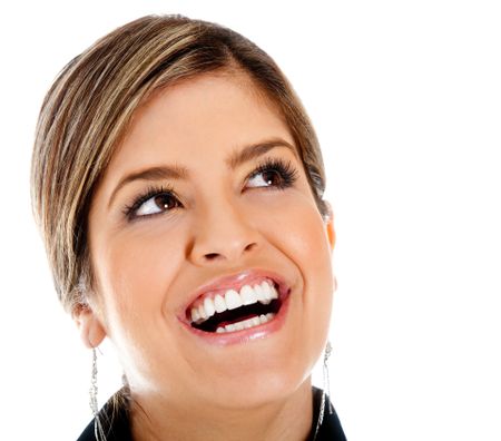 Happy woman portrait smiling - isolated over a white background