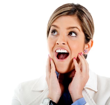 Shocked business woman portrait - isolated over a white background