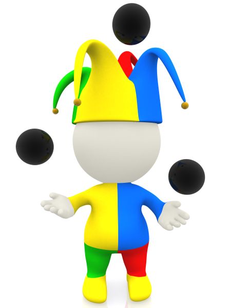 3D jester or clown juggling with balls in the air - isolated