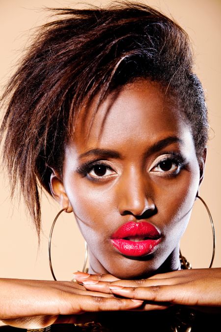 Fashion of a woman?s portrait with big red lips