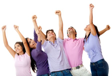 Happy group of friends with arms up - isolated over a white background