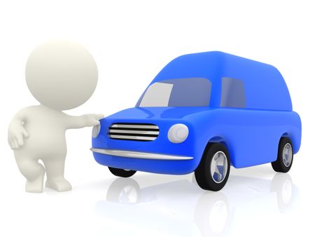 3D cartoon man with a van working in transportation - isolated over a white background