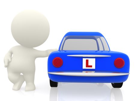 3D man learning to drive in a car with an L sign - isolated