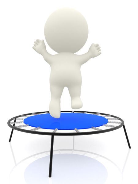 3D cartoon man jumping on a trampolin and having fun - isolated