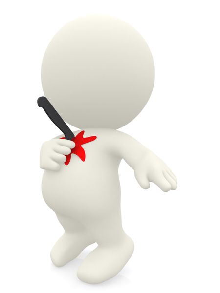 3D man stabbed on the chest with a knife - isolated over white