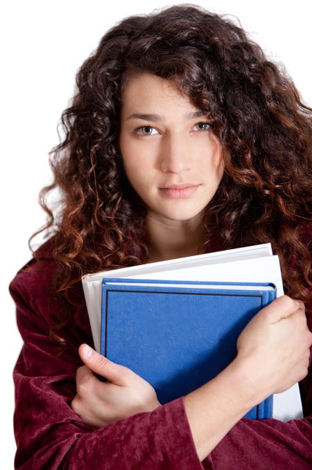 Young female student holding notebooks - isolated over a white background