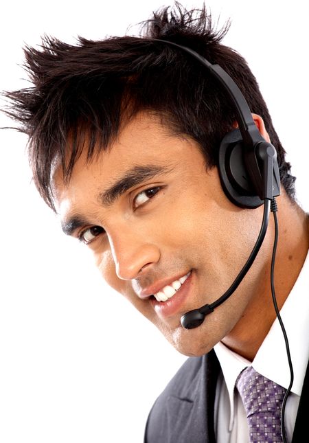 male customer service representative smiling over a white background