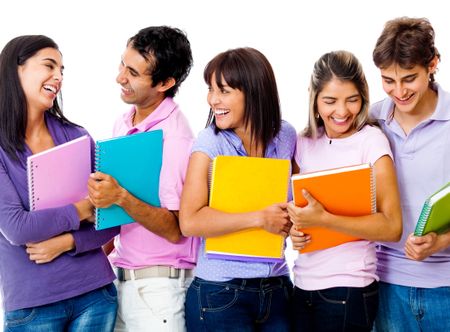 Group of students holding notebooks and smiling - isolated over a white background